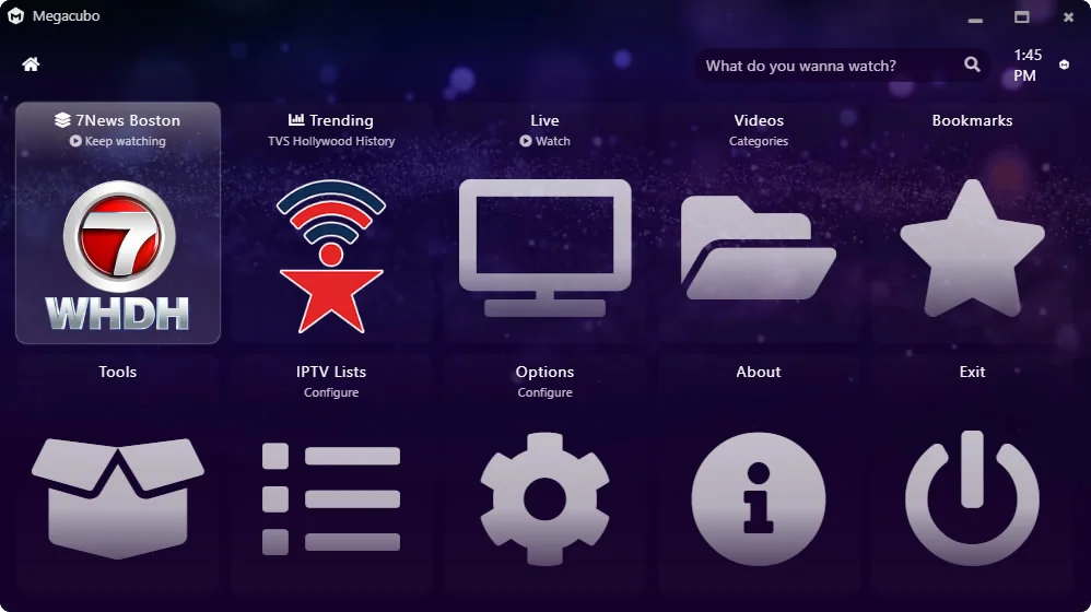 Megacubo main window: search field, clock and the tiles Trending, Live, Videos, Bookmark, Tools, IPTV Lists, Options, About and Exit